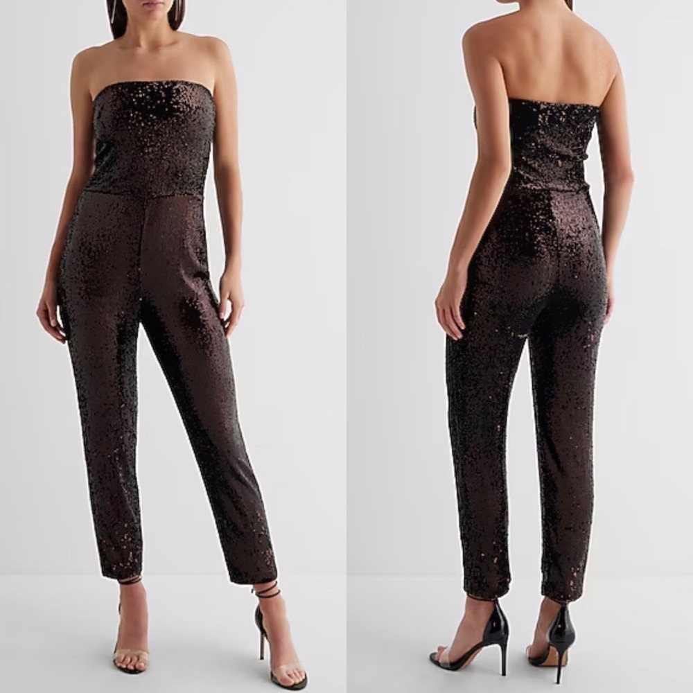 Express Sequin Strapless Straight Leg Jumpsuit Deep Espresso Brown Size M NWT - Picture 2 of 14